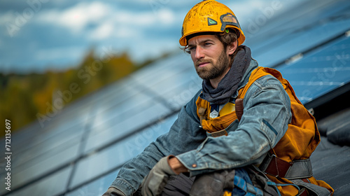 Professional technician in safety gear meticulously installs modern solar panels on a residential rooftop under a clear blue sky.