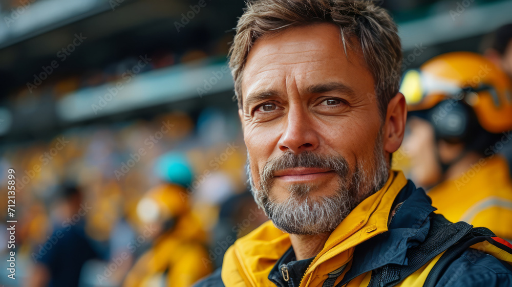 Security man with team security background. Security focus in football stadium,generative ai Security man with team security background. Security focus in football stadium,generative ai
