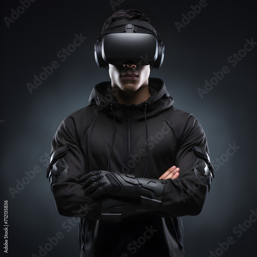 A young man, 20 years old, wearing a VR headset and glove. Professional gamer prepared for gaming with Virtual Reality headset. 
