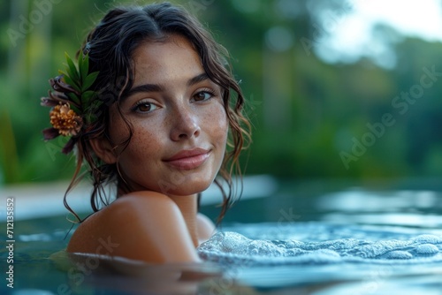 Woman Relaxing in an Infinity Pool Overlooking a Lush Forest Landscape at Dusk