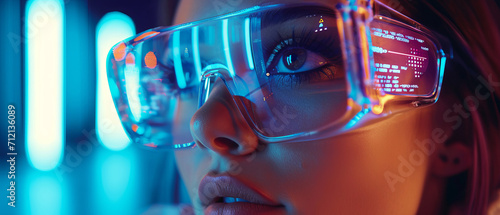 Wallpaper Mural Portrait woman wearing high technology glasses with Data line icon on eyeglasses on woman's face, generative ai Torontodigital.ca