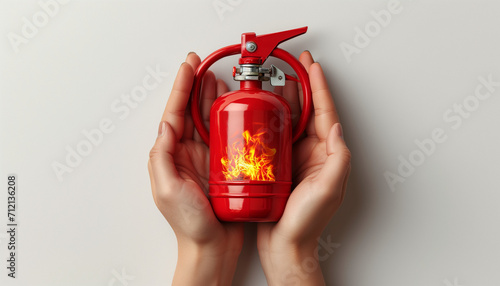 Smal fire extinguisher in hands isolated on white background. World Firefighter Day photo