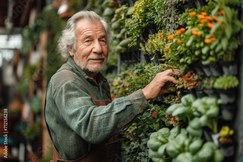 Elderly Florist in a Colorful Flower Market on a Bright Day