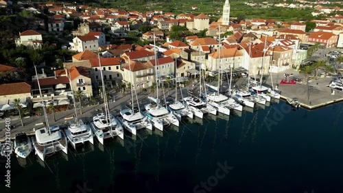 Aerial view of Jelsa Town with harbour area at the coastline of the island Hvar in Croatia, Europe