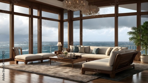 High-resolution interior architectural view of a mansion s living room with expansive glass windows overlooking the ocean  while a hurricane rages outside with torrential rain. generative AI