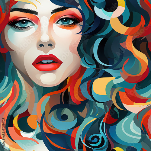 seamless pattern retro painting of of model with blue eyes and red lip stick on and paint for hair. Drawing illustration for fabric, print,decoration, banner, and wallpaper. 