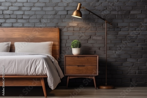 This urban loft bedroom merges contemporary elegance with industrial vibes, highlighted by a grey fabric headboard and a unique brown brick wall.