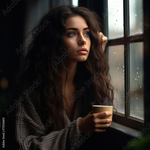 Serene Brunette Young Woman Enjoying Coffee by Rainy Window