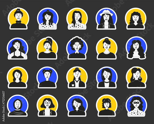 Beautiful female avatars. Sticker Bookmark. Woman portrait. User profiles. Hand drawn style. Vector drawing. Collection of design elements.