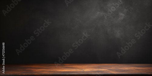 Empty top of wooden shelves on dark concrete wall background, Empty Wooden Shelves Against Dark Concrete Wall
