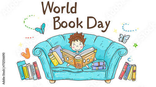 Illustration of a boy reading a picture book on World Book Day.