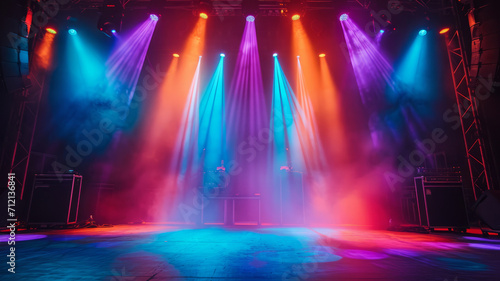 Sound studio scene with colorful lighting concert stage background, generative ai