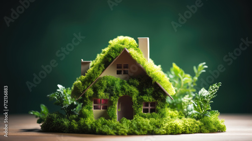 eco friendly house on wooden table. Moss Home On Garden