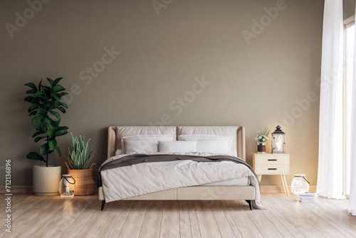 Modern contemporary cozy bedroom decorated with potted plants 3d render , The rooms have wooden floors and empty gray walls for copy space, large window nature light in to the room