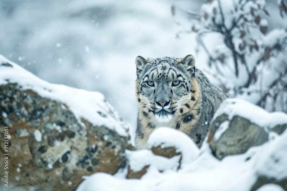 Mysterious snow leopard lurking in a snowy Himalayan terrain