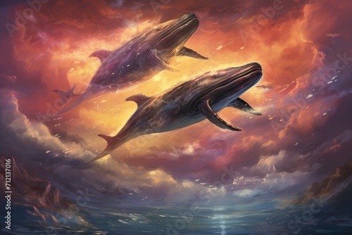 Majestic sky whales, soaring through the heavens with grace and tranquility - Generative AI