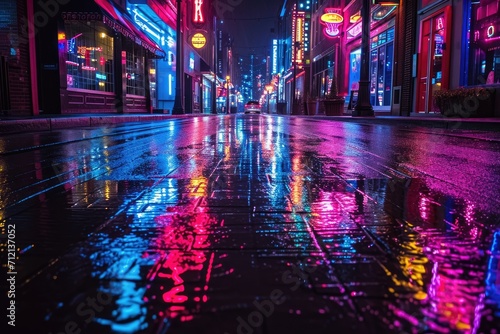 Midnight in a vibrant city, neon lights casting colorful reflections on wet streets.