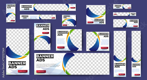 set of corporate web banners of standard size with a place for photos. Editable text. Vertical, horizontal and square template