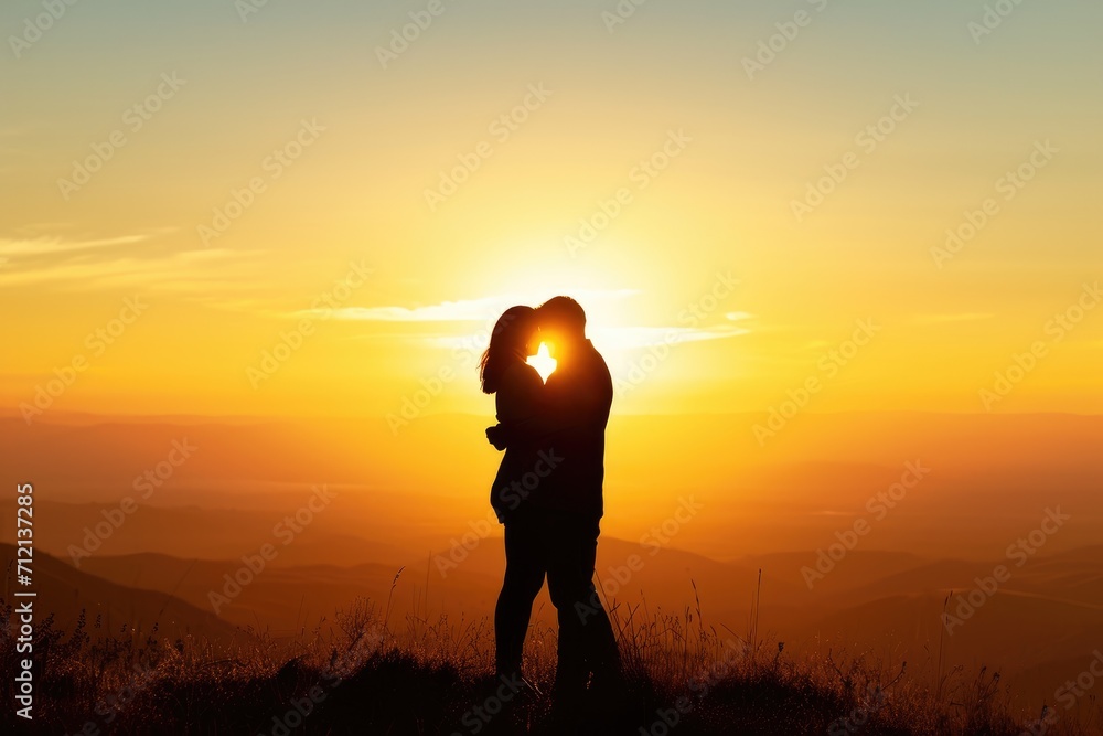 Silhouette of a couple embracing on a hilltop, with a breathtaking view of the valley below during sunset
