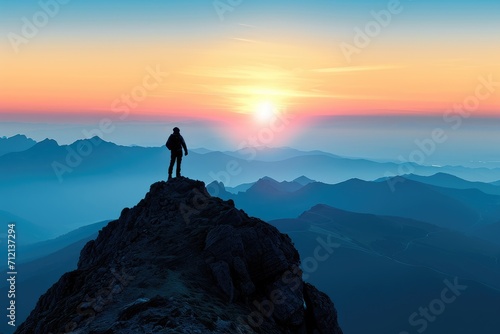 Silhouette of a hiker standing on a mountain peak, with a panoramic view of the surrounding landscape at dawn © furyon