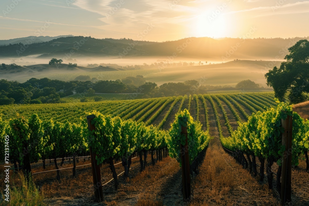 Sprawling vineyard at sunrise with rows of grapevines and a misty valley backdrop.
