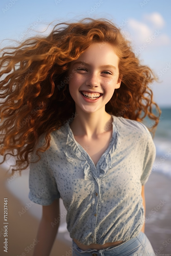 Elegant Beach Walk: Smiling Teen Girl with Freckles