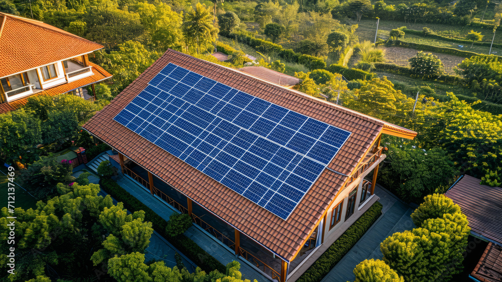 top view Solar panels on roof top of house with beautiful landscape,generative ai top view Solar panels on roof top of house with beautiful landscape,generative ai