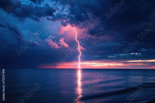 Stylized image of a lightning bolt over a calm ocean at twilight © furyon