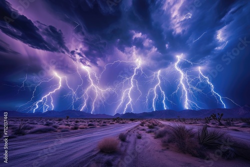 Surreal composite image of multiple lightning bolts converging over a desert landscape