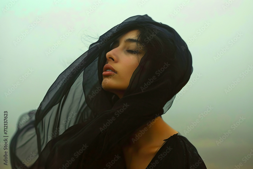 Fashion concept - beautiful Arab woman in a black flying dress in the fog Fashion concept - beautiful Arab woman in a black flying dress in the fog