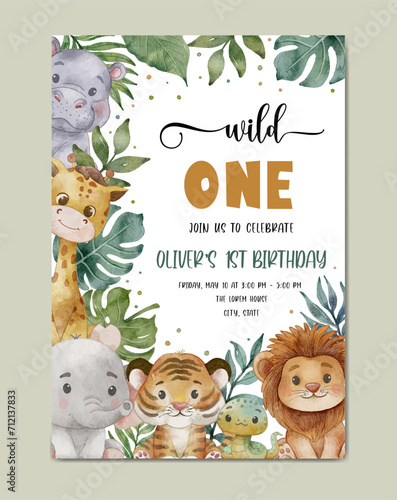 Birthday invitation safari theme watercolor template background © Yuni