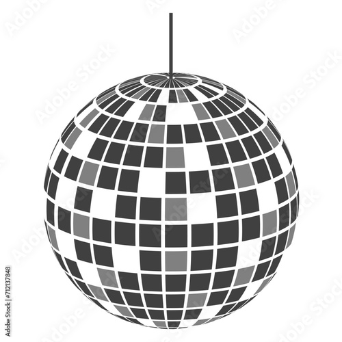 Disco club mirrorball icon. Shining nightclub sphere. Dance music party discoball. Glitterball in retro discotheque style. Nightlife symbol isolated on white background