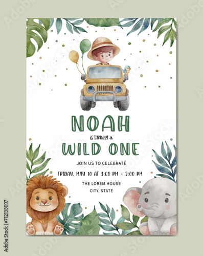 Birthday invitation safari theme watercolor template background