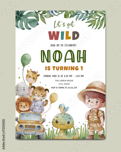 Birthday invitation safari theme watercolor template background