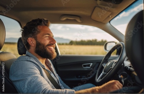Handsome passenger enjoying a summer road trip in a car, scenic travel experience from Generative AI