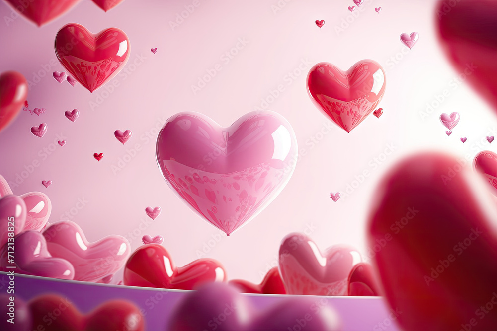 Valentine's Day. Many 3d hearts on a pink background. for Greeting Card, mothers day. 3d hearts balloons .copy space for text