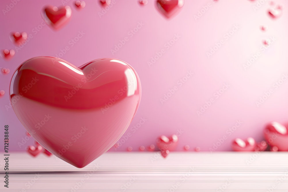 Valentine's Day. Many 3d hearts on a pink background. for Greeting Card, mothers day. 3d hearts balloons .copy space for text