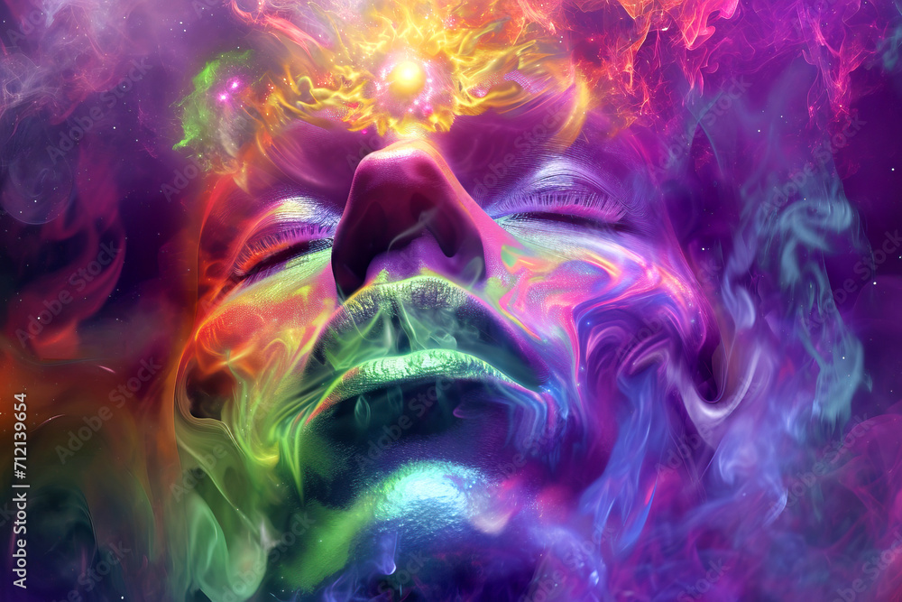 abstract hippy smoking, with universe coming out of his crown chakra, rainbow colours - obrazy, fototapety, plakaty 
