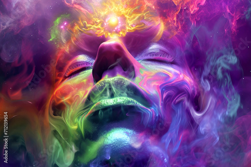 abstract hippy smoking, with universe coming out of his crown chakra, rainbow colours photo