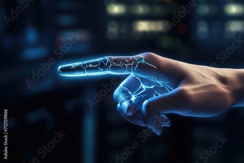 AI finger touches futuristic digital icon in AI city.