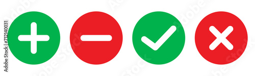 Set of plus, minus, check and cross line icons with red and green color photo
