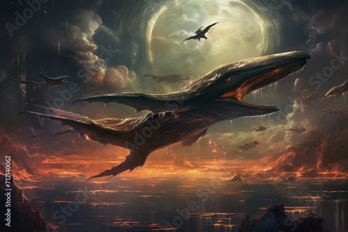 Majestic sky whales, soaring through the heavens with grace and tranquility - Generative AI