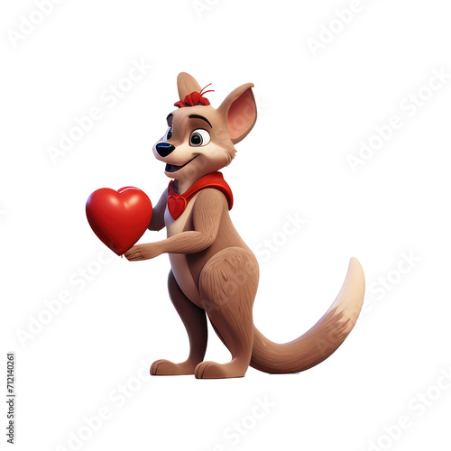 cute kangaroo holding red heart balloon