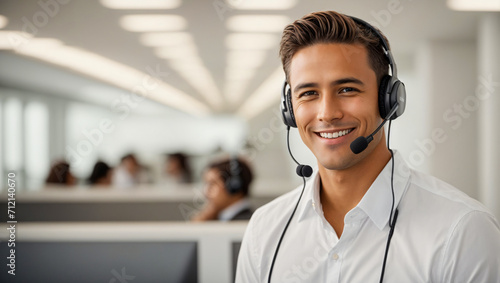 smiling representative with headset on
