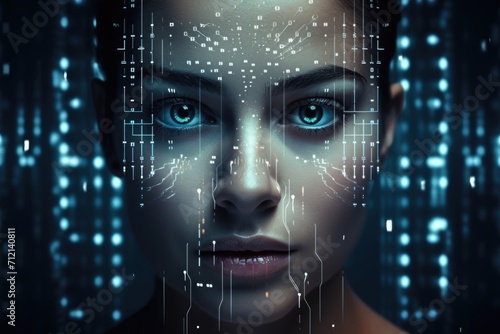Female face with matrix digital numbers AI theme