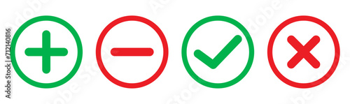 Set of plus, minus, check and cross line icons with red and green color