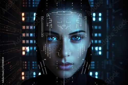 Digital AIthemed female face with virtual reality touchscreen.