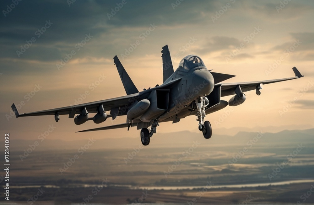 A military aircraft patrols the perimeter in the sky. Background with selective focus and copy space from Generative AI A military aircraft patrols the perimeter in the sky. Background with selective focus and copy space from Generative AI