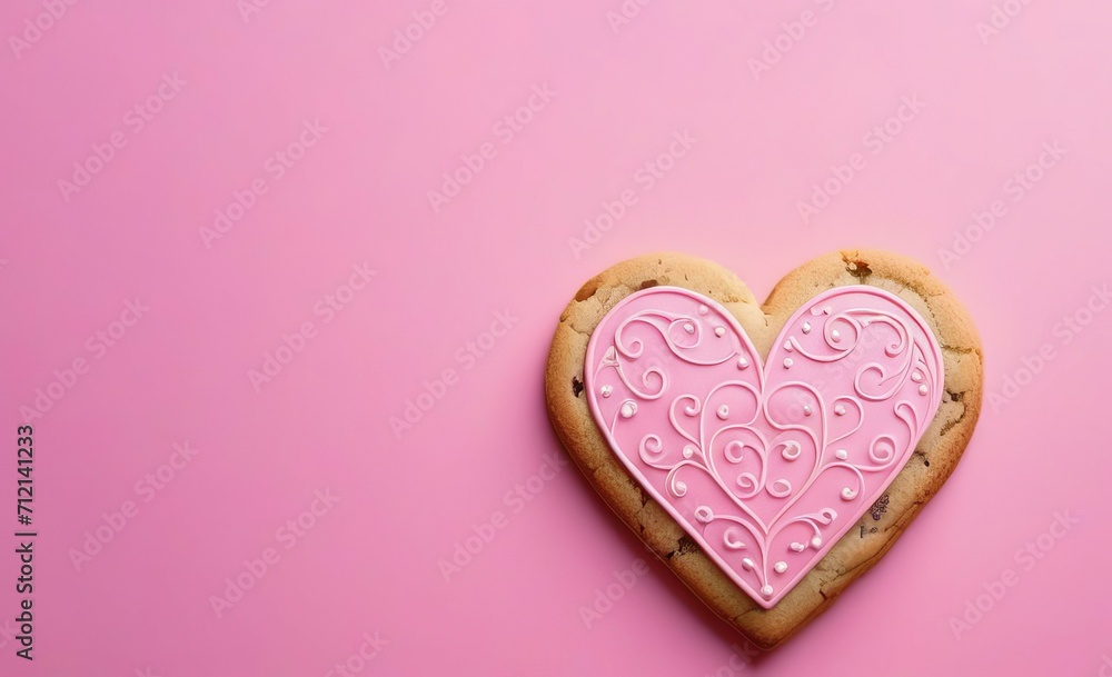 
Delicious vegetarian cookies in the shape of a heart on a pink background. Valentine's card. The 14th of February. postcard. Place to write.
