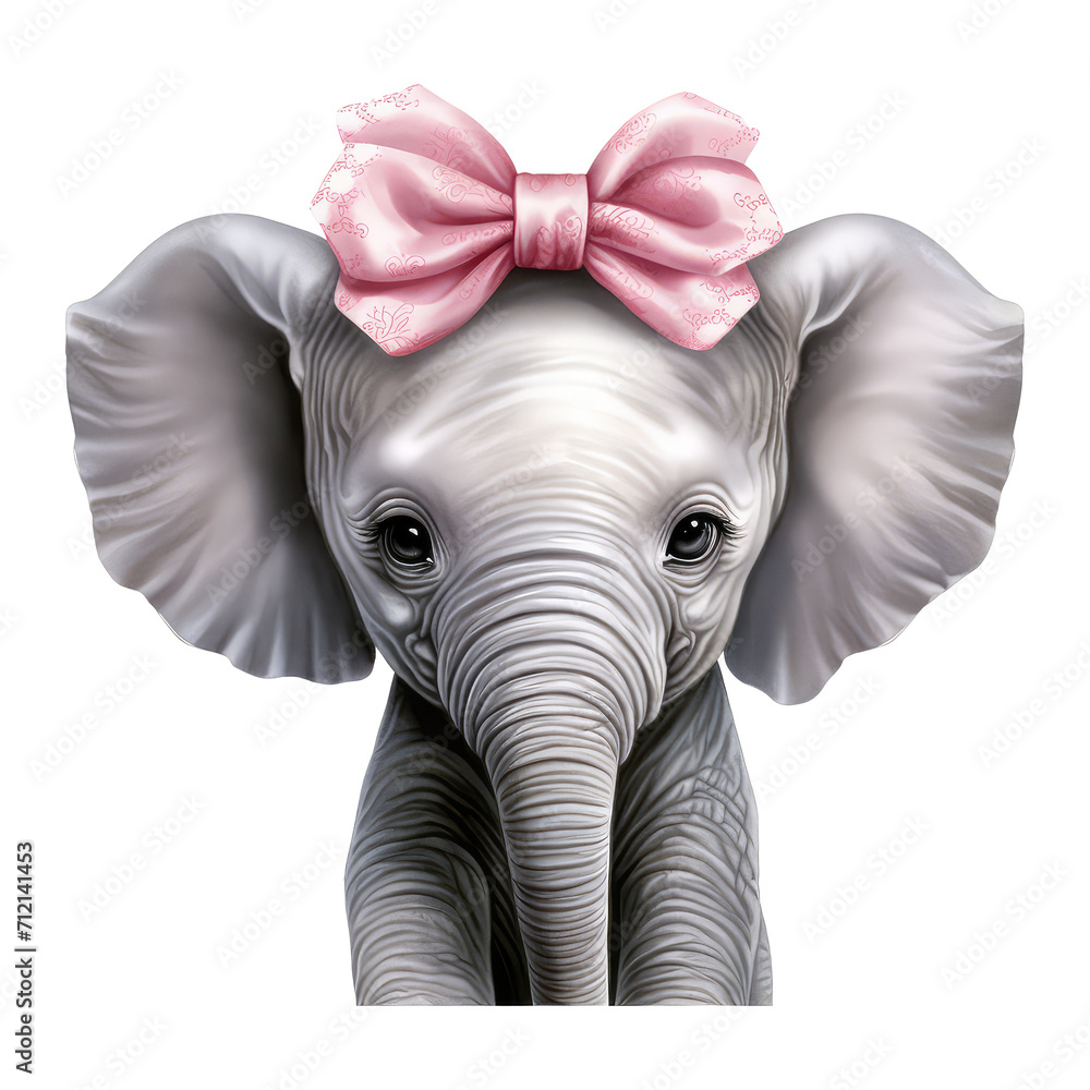 grey calf elephant with a pink bow on head watercolor